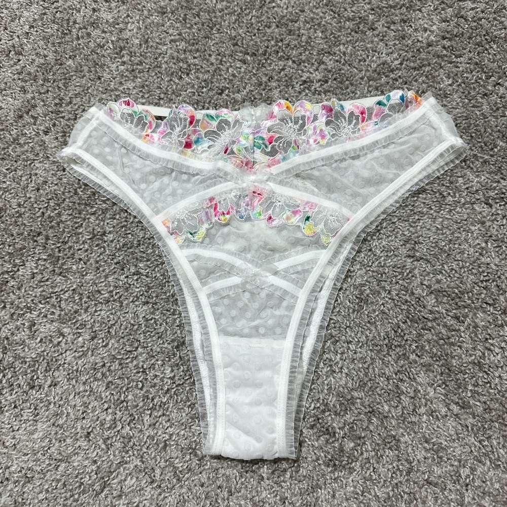 For Love And Lemons White Sheer lace with Multicolor Floral Trim Panty